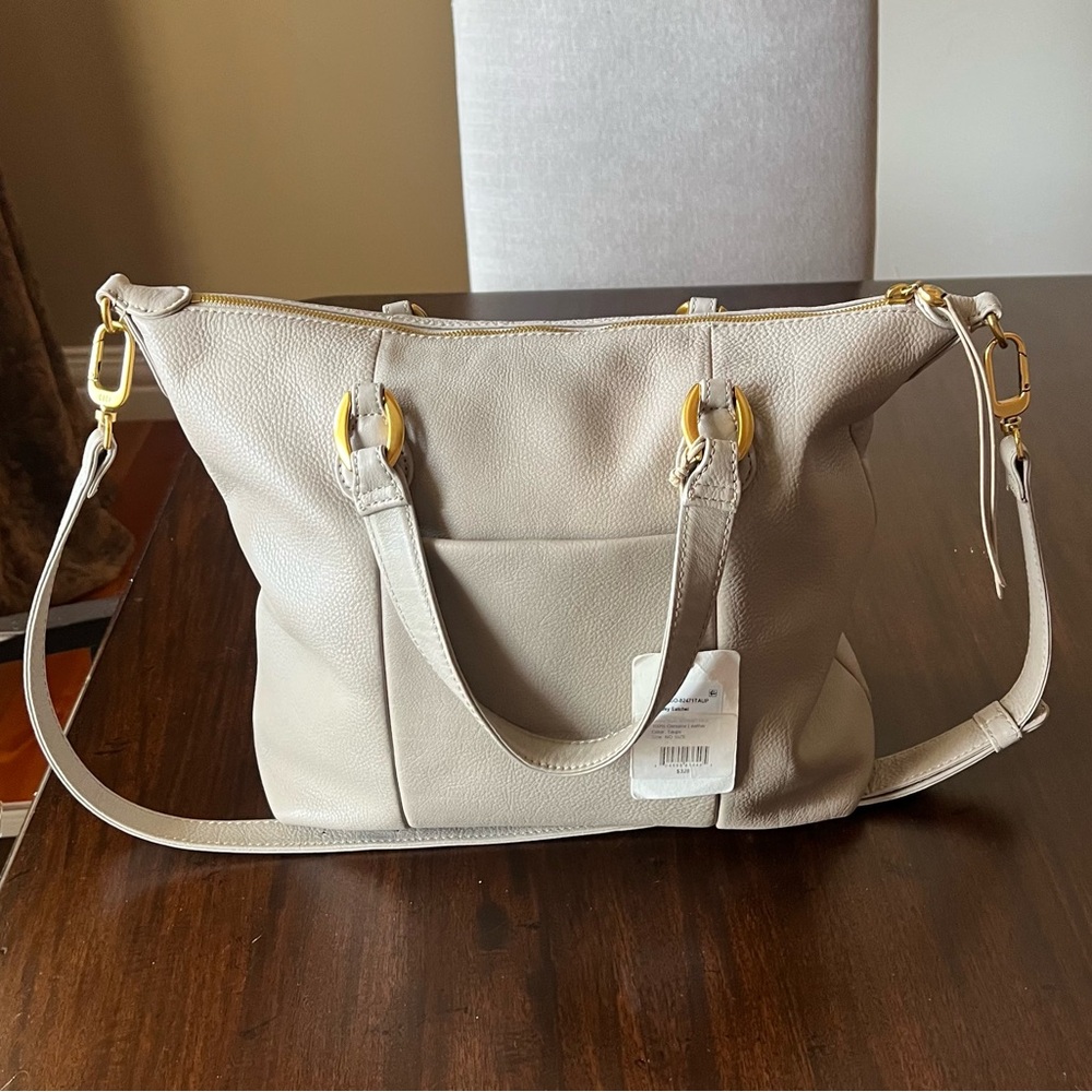 HOBO Cream Leather Shoulder Bag with Gold Accents
